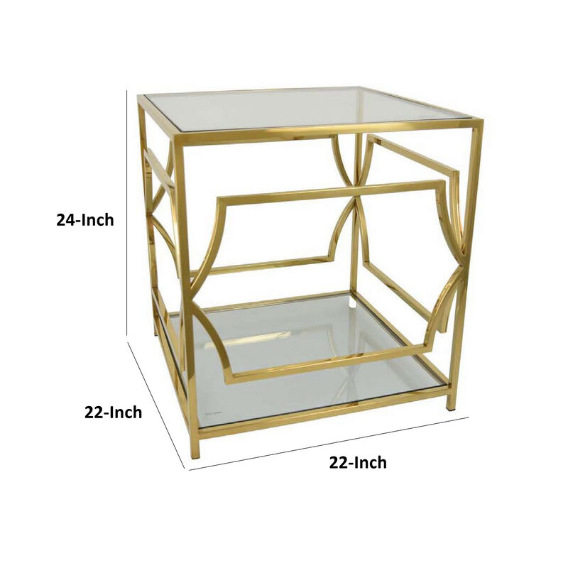Mivi 24 Inch Plant Stand Table, Square, Pattern Base, Glass, Metal, Gold - Benzara