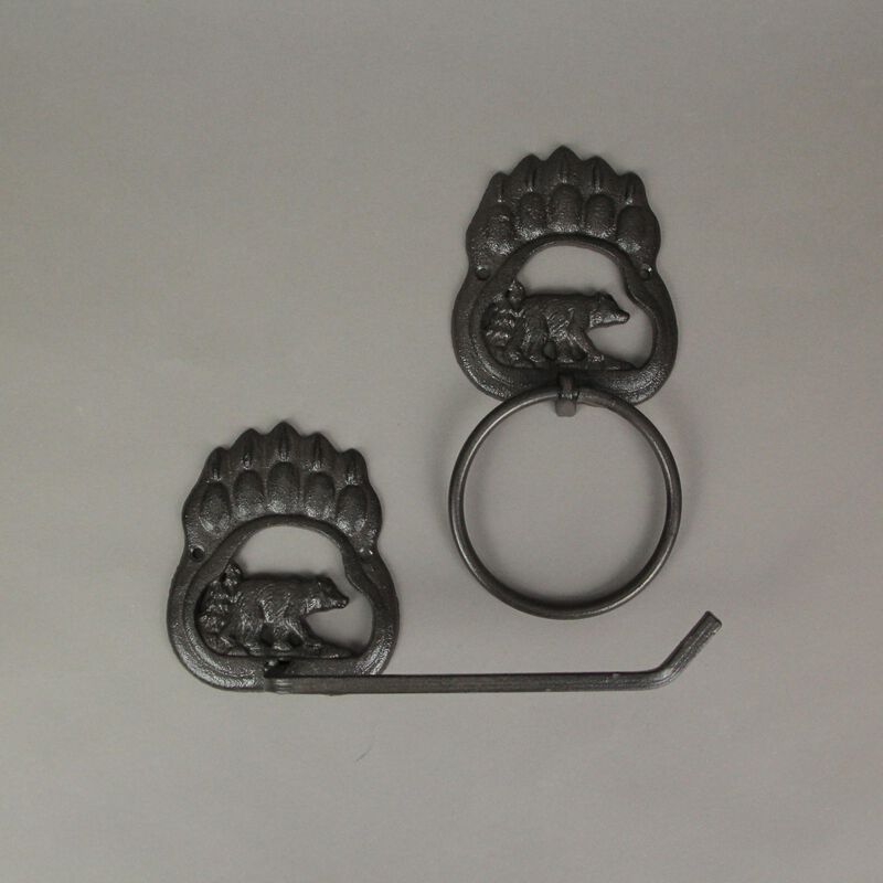 Rustic Cast Iron Black Bear Paw Towel Ring and Holder Set image number 3
