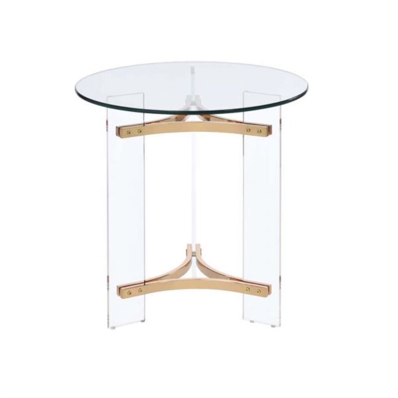 Acme Sosi Round Tempered Glass Top End Table in Clear and Gold