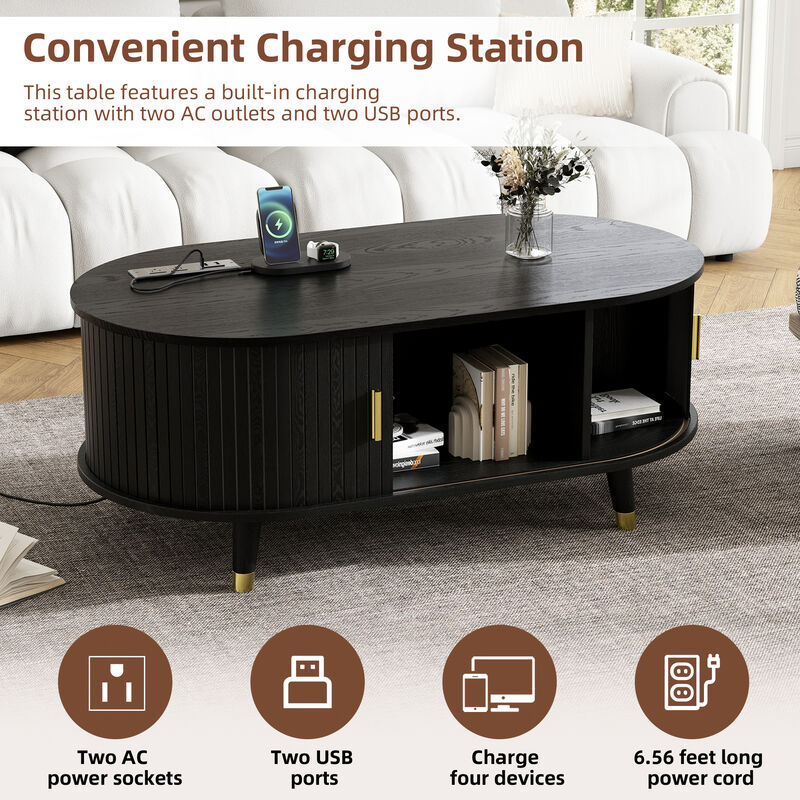 Merax Wooden Farmhouse TV Stand & Coffee Table Set with Charging Station