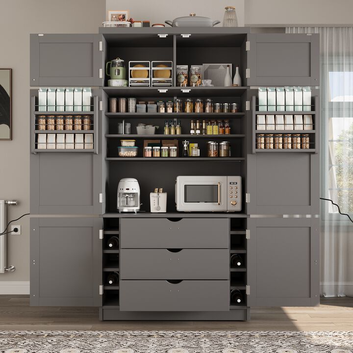 Merax Extra-Large Kitchen Pantry - 6-Door Storage with Built-In Power Outlets & Wine Racks