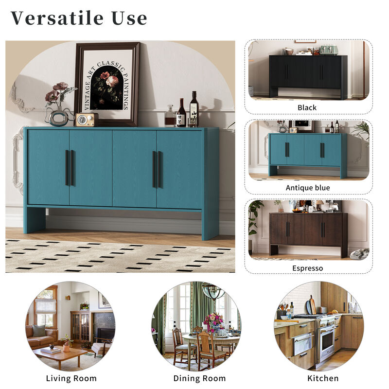 Clihome Sideboard Buffet Cabinet with Storage, Retro Sideboard Cabinet with Adjustable Shelves and Long Handles, 4-Door Wood Sideboard for Kitchen, Dining Room and Living Room (Antique Blue)