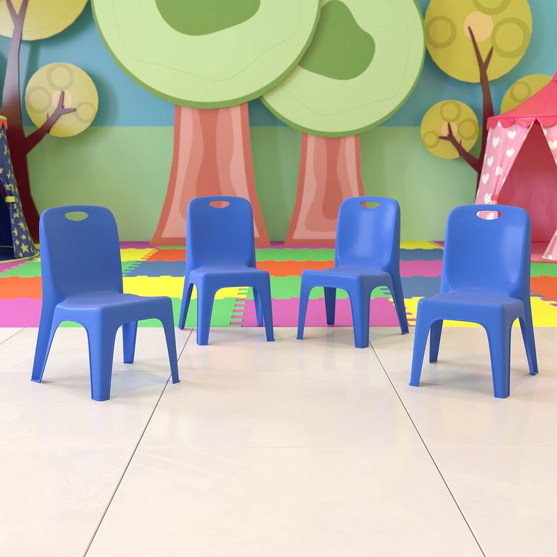 Flash Furniture Whitney 4 Pack Blue Plastic Stackable School Chair with Carrying Handle and 11'' Seat Height image number 1