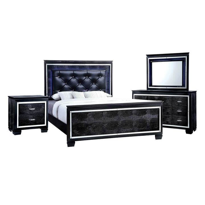 Kae 4 Pc California King Bedroom Set, LED and Mirror Trim, Textured, Black - Benzara