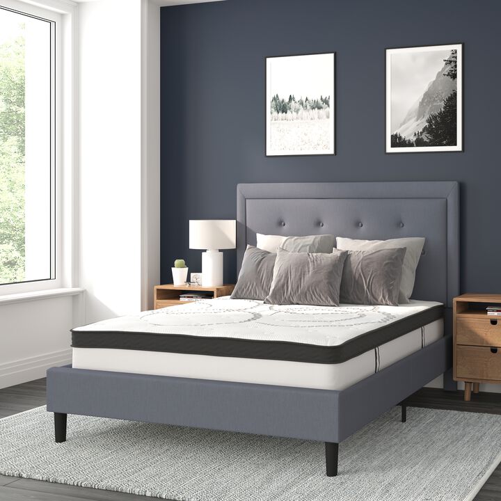 Roxbury Full Size Tufted Upholstered Platform Bed in Light Gray Fabric with 10 Inch CertiPUR-US Certified Pocket Spring Mattress