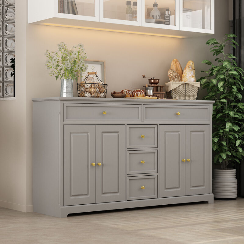 Gray Wood 59.1 in. W Sideboard with 2 Large Drawers, 3 Small Drawers and 2 Cabinets 33.5 in. H x 15.7 in. D