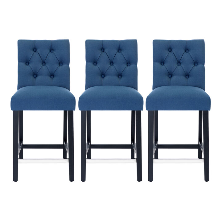 WestinTrends 24" Linen Fabric Tufted Upholstered Counter Stool (Set of 3), Black