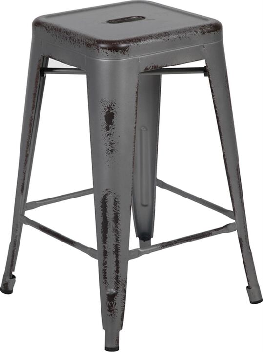 Flash Furniture Commercial Grade 24" High Backless Distressed Silver Gray Metal Indoor-Outdoor Counter Height Stool