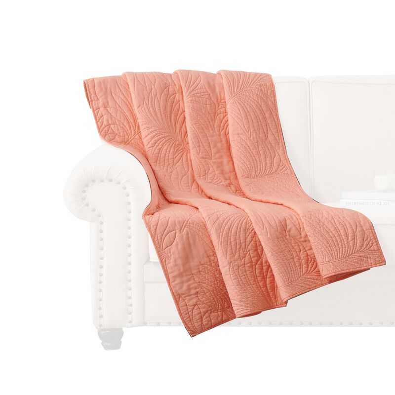 Xumi 50 x 60 Inch Quilted Throw Blanket, Frond Quilting, Coral Pink Cotton - Benzara
