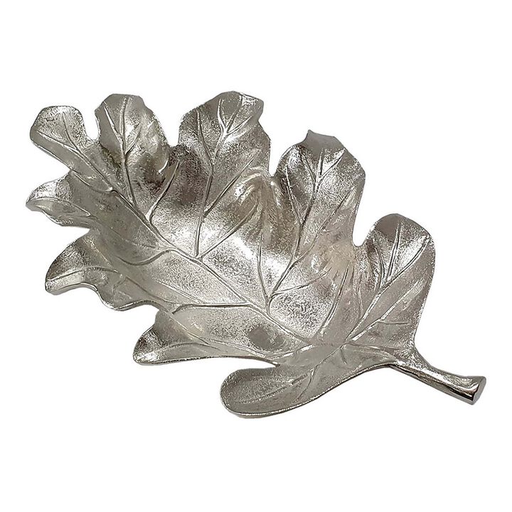 22 Inch Modern Decorative Tray, Oak Leaf Design Striking Silver Metal Frame - Benzara