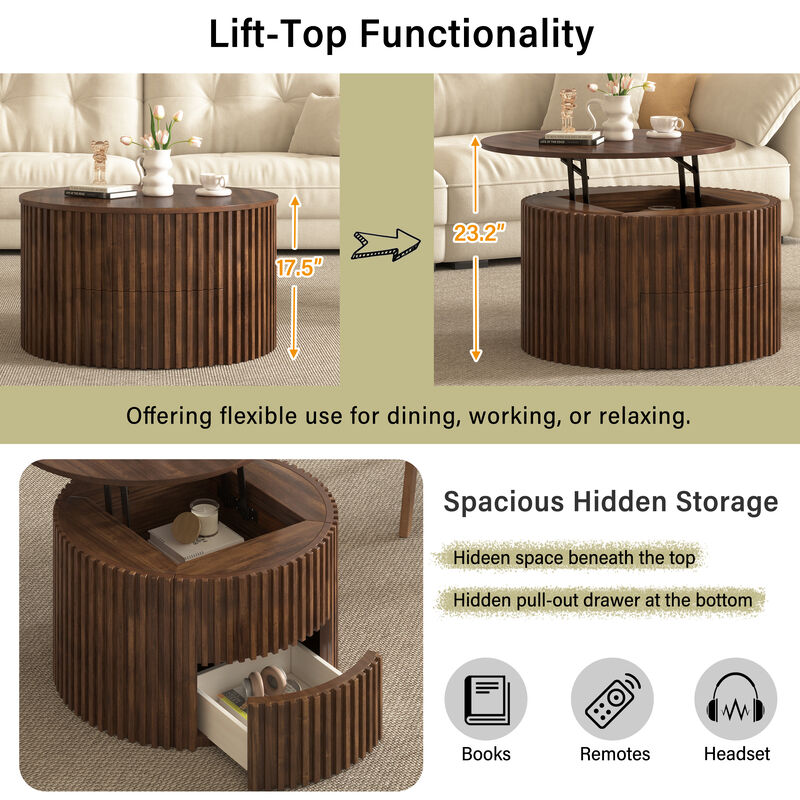 Merax Height-Adjustable Round Coffee Table with Smooth Lift Mechanism, Concealed Storage image number 7
