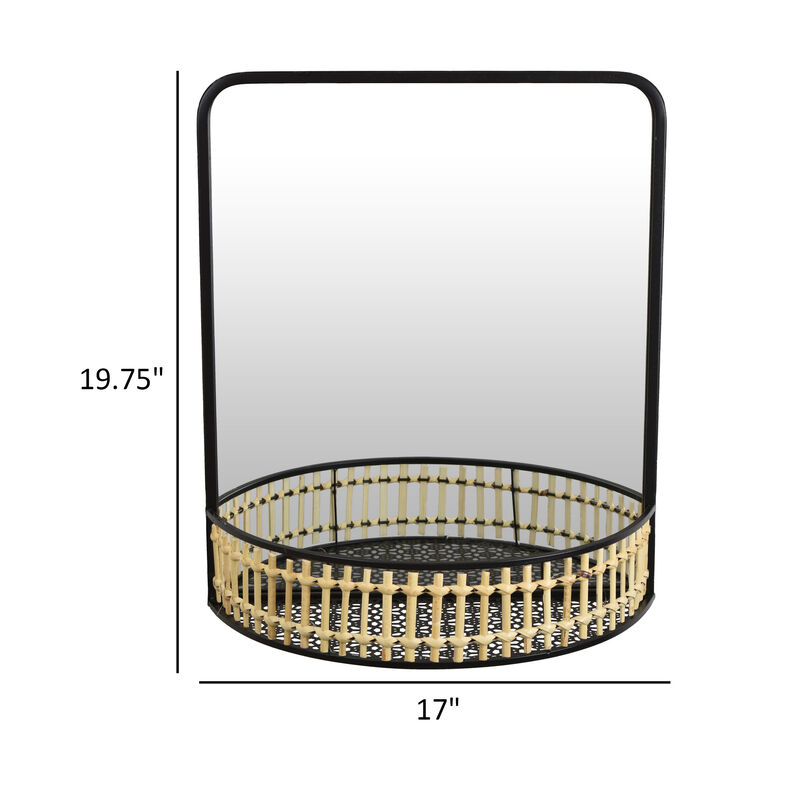 Elpis Wall Mirror Decor with Woven Shelf, 20 Inch Tall Black Metal - Benzara