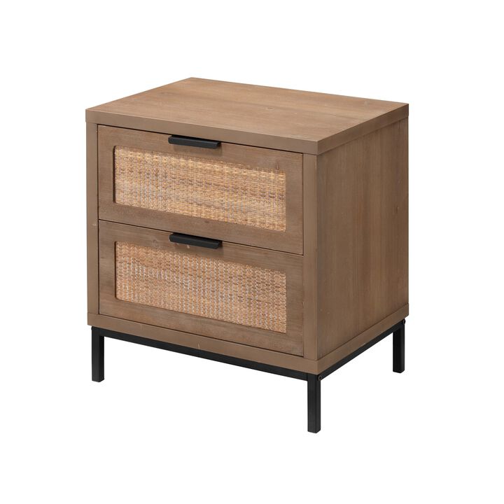 Side Table with MDF Frame and 2 Rattan Weaving Front Drawers, Brown