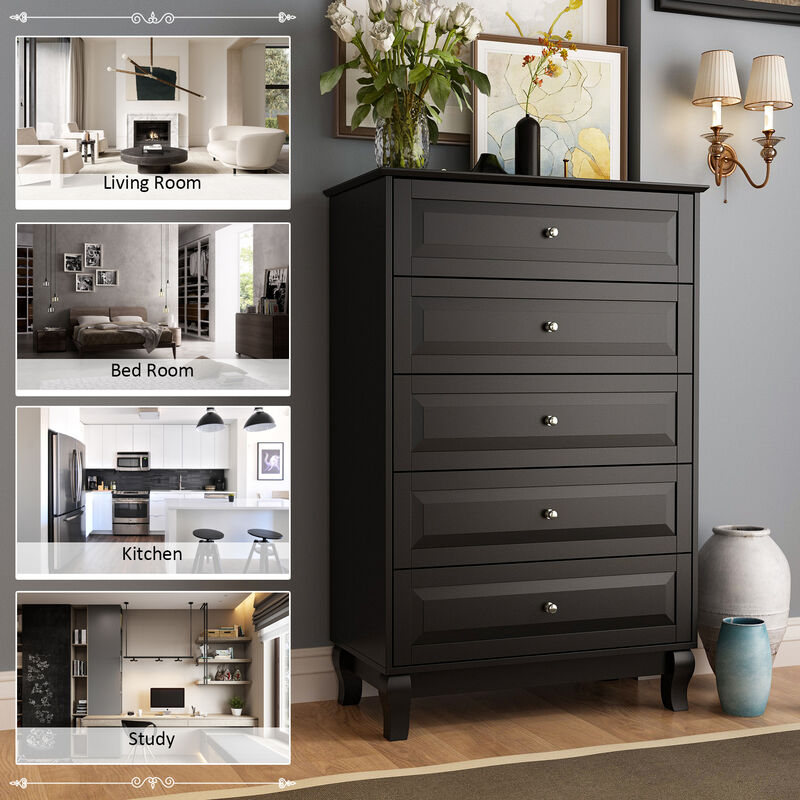 FUFU&GAGA  Classic Black 5-Drawer Chest with Elegant Design and Ample Storage for Bedroom (31.5" W x 47.2" H x 15.7" D) Black