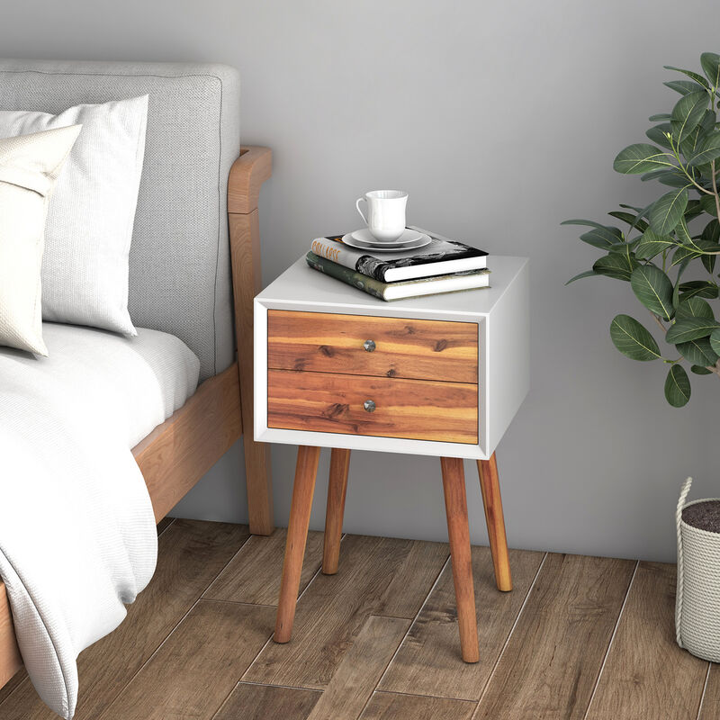 Wooden Nightstand Mid-Century End Side Table with 2 Storage Drawers
