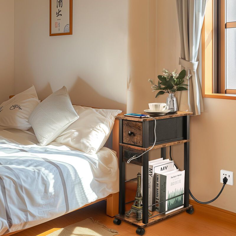 DGSANDGO Side Table with Charging Station and Drawer, Narrow End Table with USB Ports and Outlets for Small Space, Living Room,