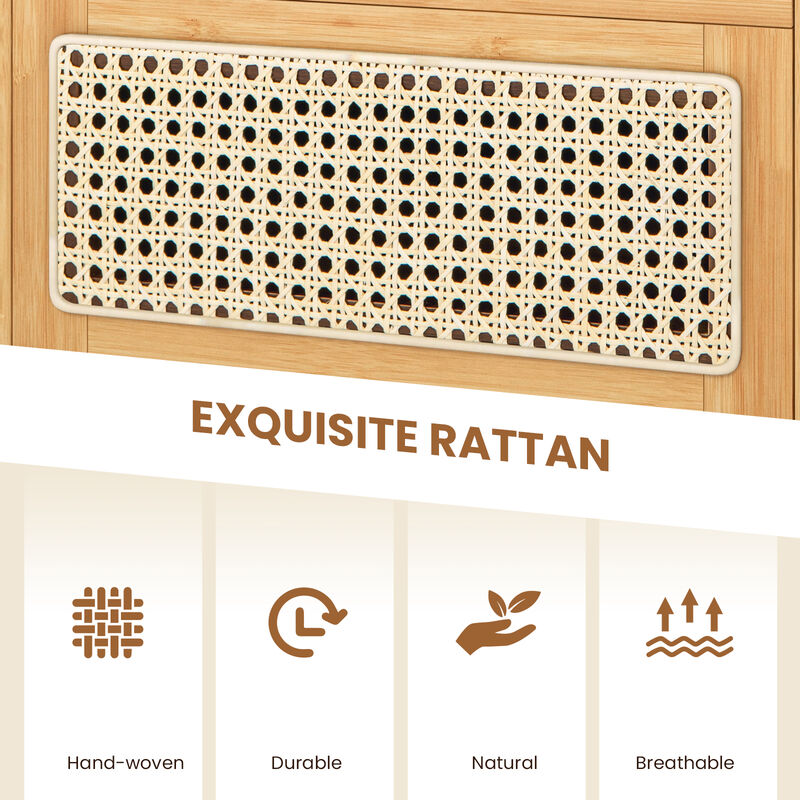 Set of 2 Bamboo Rattan Nightstand with Drawer and Solid Wood Legs