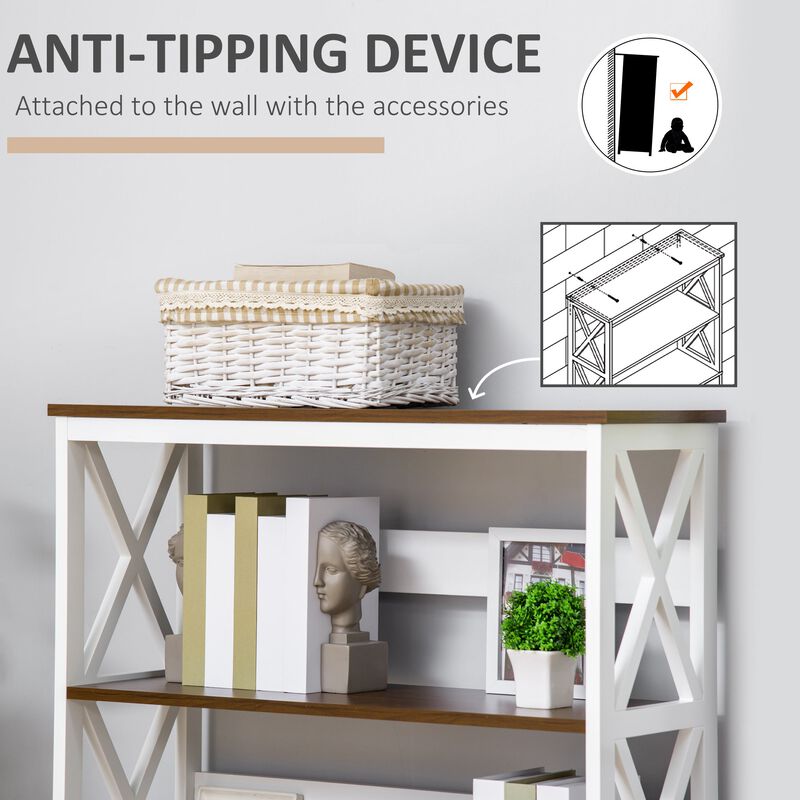 White Modern Shelving: 4-Tier Bookcase with Drawer and X-Bar