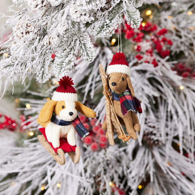 Plush Ski and Sled Dog Ornaments, Set of 6 for Festive Christmas Tree Decor