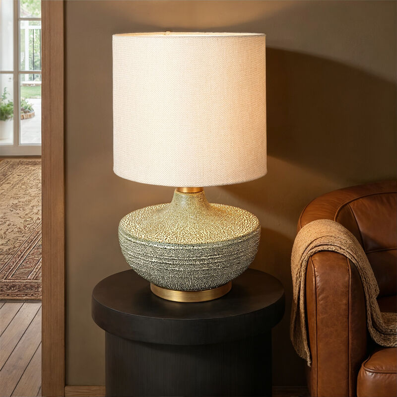 Textured Stoneware Table Lamp with Gold Base image number 1