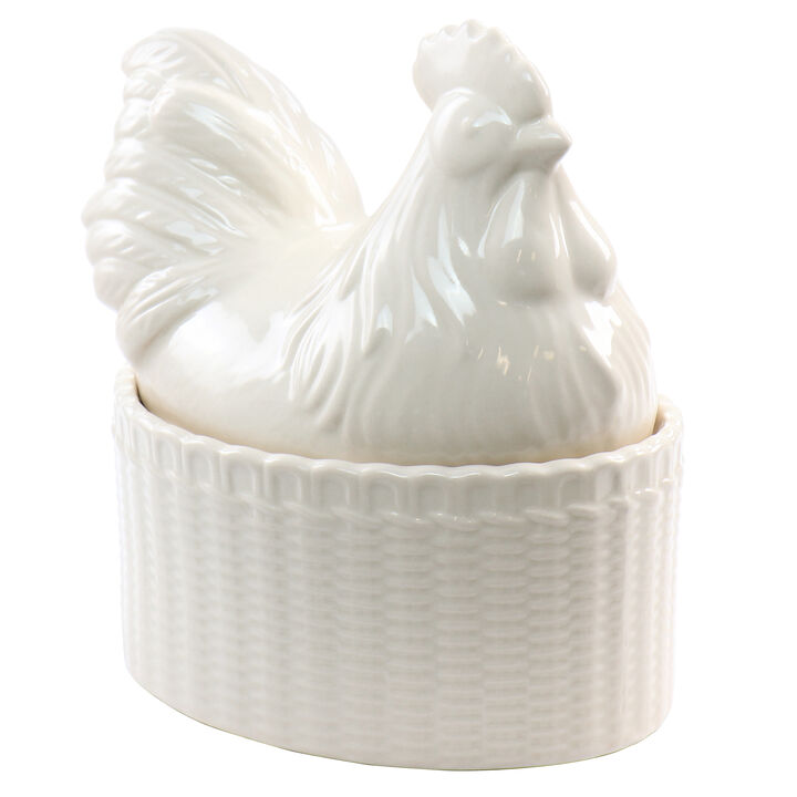 Martha Stewart 6 Inch Stoneware Sculpted Rooster Covered Oval Baker in Cream