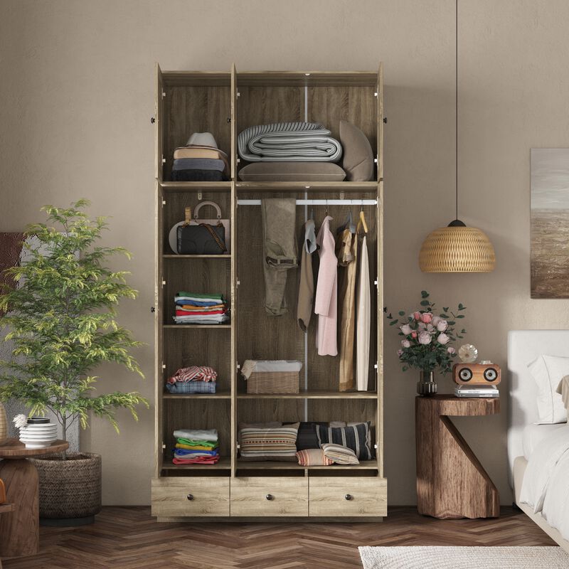 FUFU&GAGA Natural Wood Wardrobe with Shelves, Drawers, and Hanging Space, (47.2" W x 18.9" D x 94.5" H)，Brown