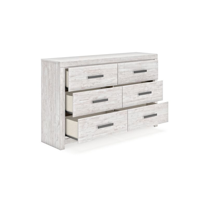 Cany Wide Dresser, 6 Drawers with Black Handles, Vintage Whitewash - Benzara