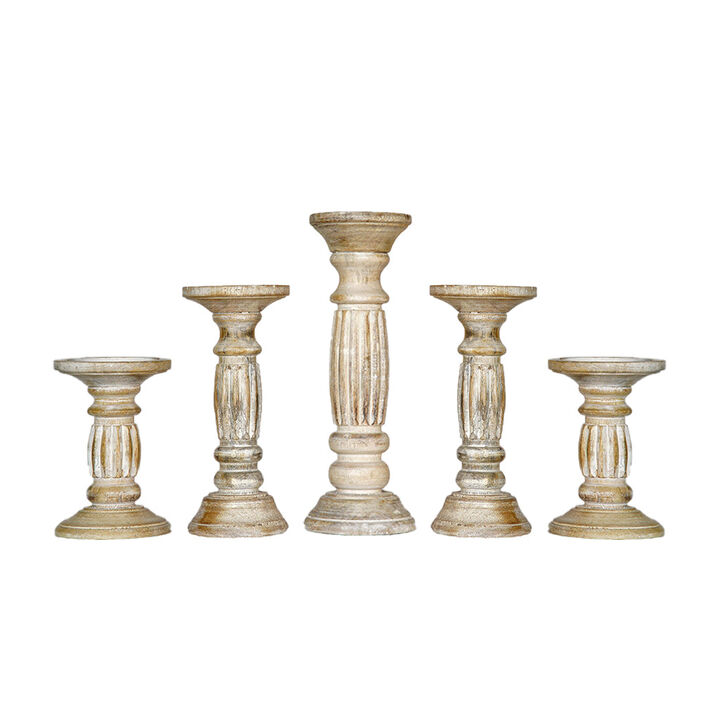 Traditional Antique White Eco-friendly Handmade Mango Wood Set Of Five 6",9",12",9" & 6" Pillar Candle Holder