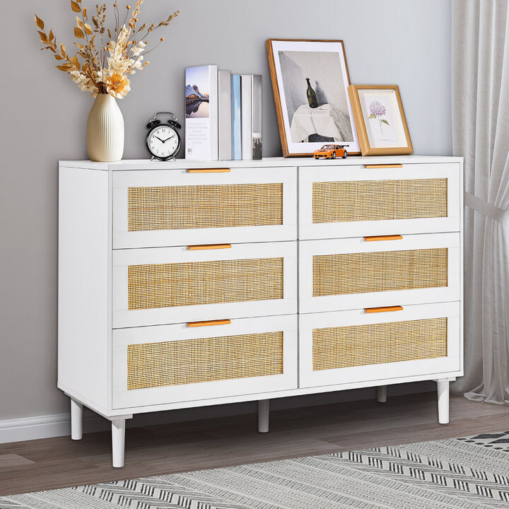 6 Drawer Rattan Dresser Chest of Drawers with Storage for Bedroom Living Room Hallway