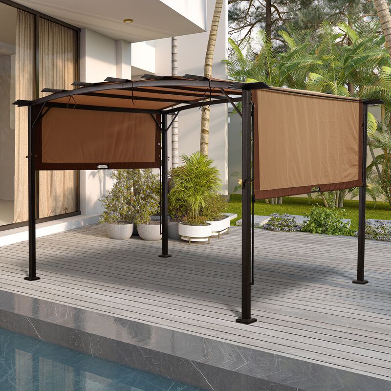 Mondawe 12 ft. x 9 ft. Beige-Tan Polyester Outdoor Patio Gazebo Steel Frame Grape Pergola with Retractable Shade Canopy