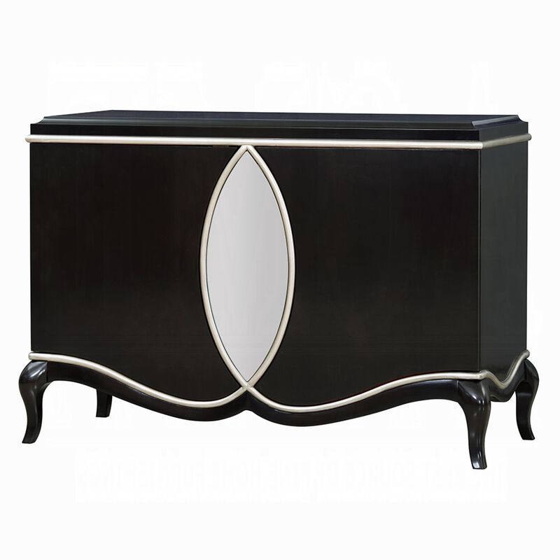 2 Door Cabinet Console, Mirror Trim Inlay, Scalloped Base, Black 50 Inch image number 5
