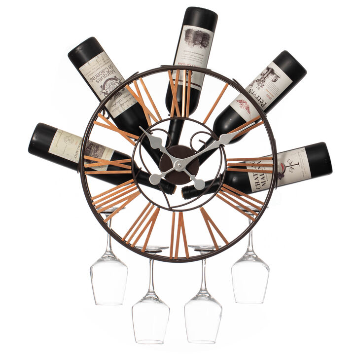 Vintiquewise Wall-Mounted Clock Design Wine Holder with Stemware Rack - Unique Shelf for Champagne, White & Red Wine Organizer with 4 Glass Holders, Wine Bottle Display for Home, Kitchen and Bar Decor