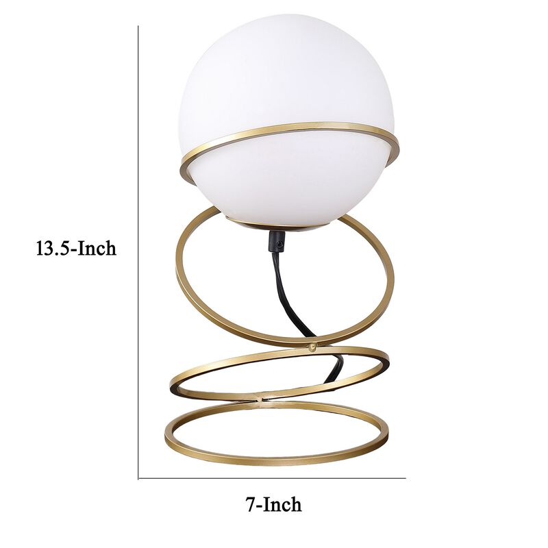 Table Lamp, White Glass Globe, 4 Spiral Ring Accented Base 14 Inch - Benzara