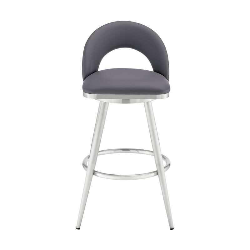 Visy 30 Inch Swivel Barstool Chair, Round Open Back, Gray Faux Leather - Benzara
