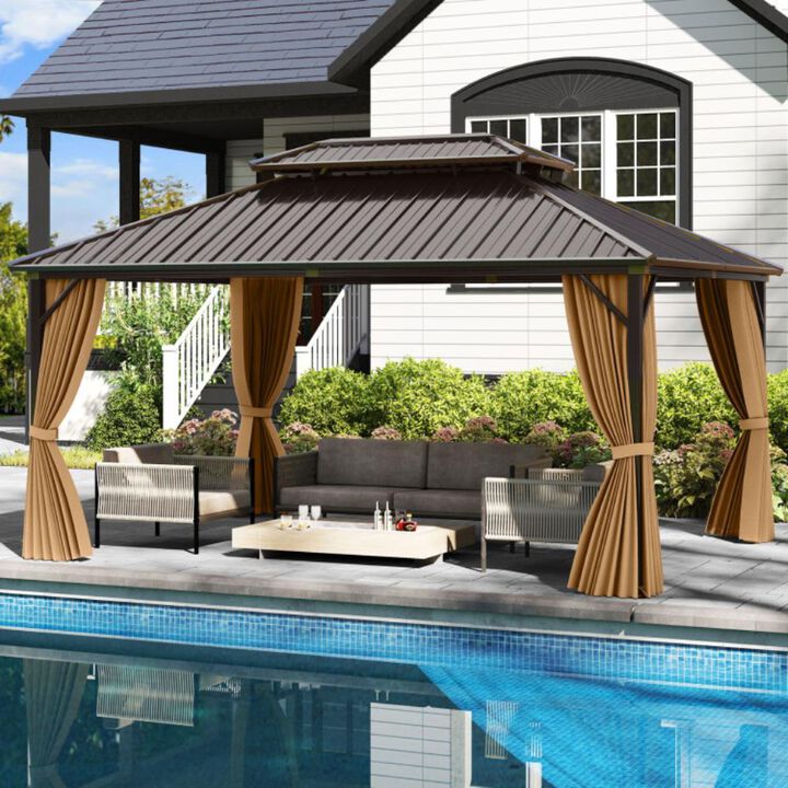 Hivvago 16 x 12 Feet Hardtop Gazebo Aluminum Frame Permanent Pavilion with Curtains and Netting