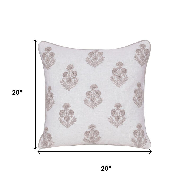 HomeRoots 20" Off White And Taupe Floral Linen Throw Pillow Cover with Embroidery image number 4