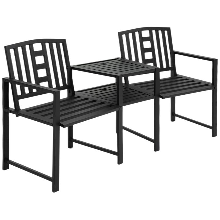 Black Tete-a-Tete Garden Bench: with Center Table, Metal Frame, Outdoor 2-Person Loveseat with Armrest, Umbrella Hole for Patio Backyard Porch