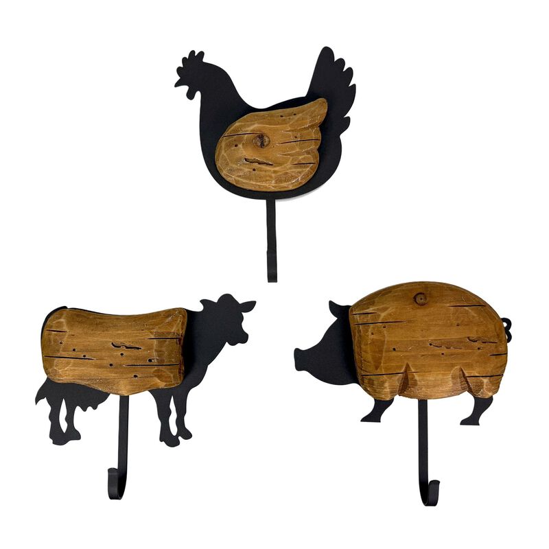 Farm Animal Wall Hooks Set Of 3 Wood Metal Farmhouse 7 In Brown Black image number 0