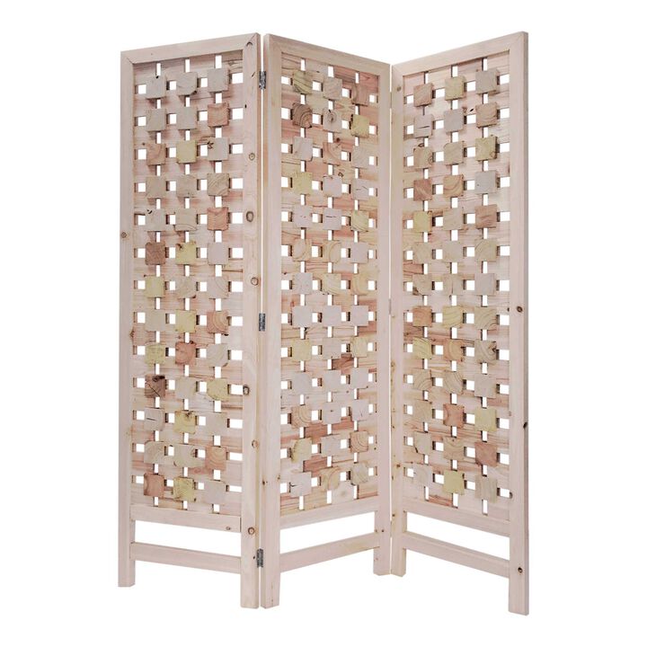 Folding 3-Panel Room Divider Featuring Cut Square Wood Pattern for Privacy and Decor