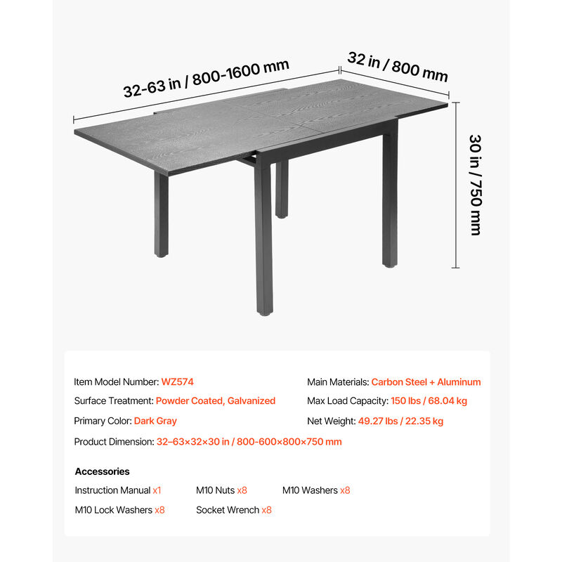 VEVOR Expandable Outdoor Patio Dining Table Rectangular Garden Furniture for 4-6 image number 6