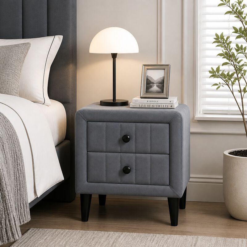 20" Assembled Velvet Nightstand 2-Drawer Gray Tapered Legs image number 3