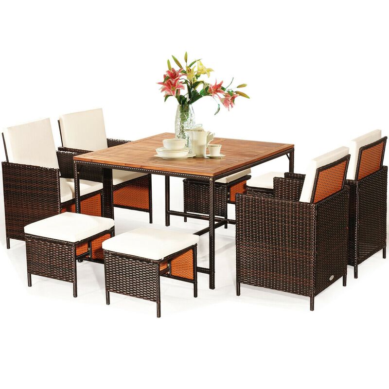 9 Piece Patio Rattan Dining Set with Cushioned Chairs for Outdoor Meals