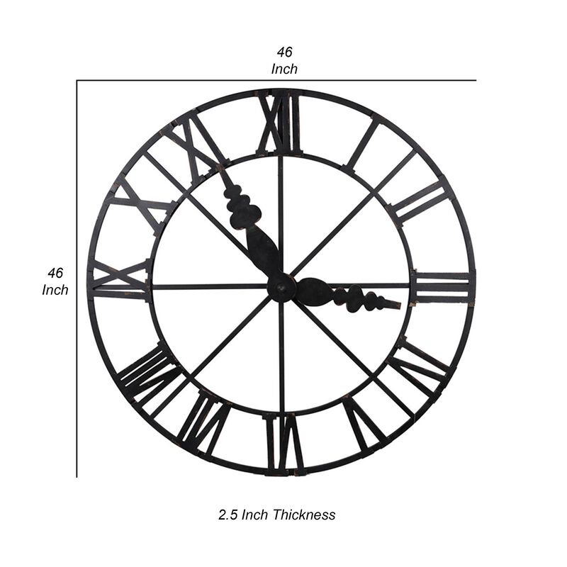 46 Inch Faux Clock Wall Decor, Round, Vintage Style, Matte Black Finish - Benzara