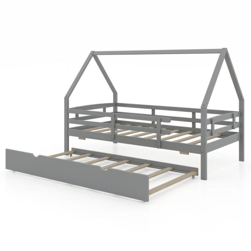 Hivvago Twin House Bed with Trundle and Fence Rail