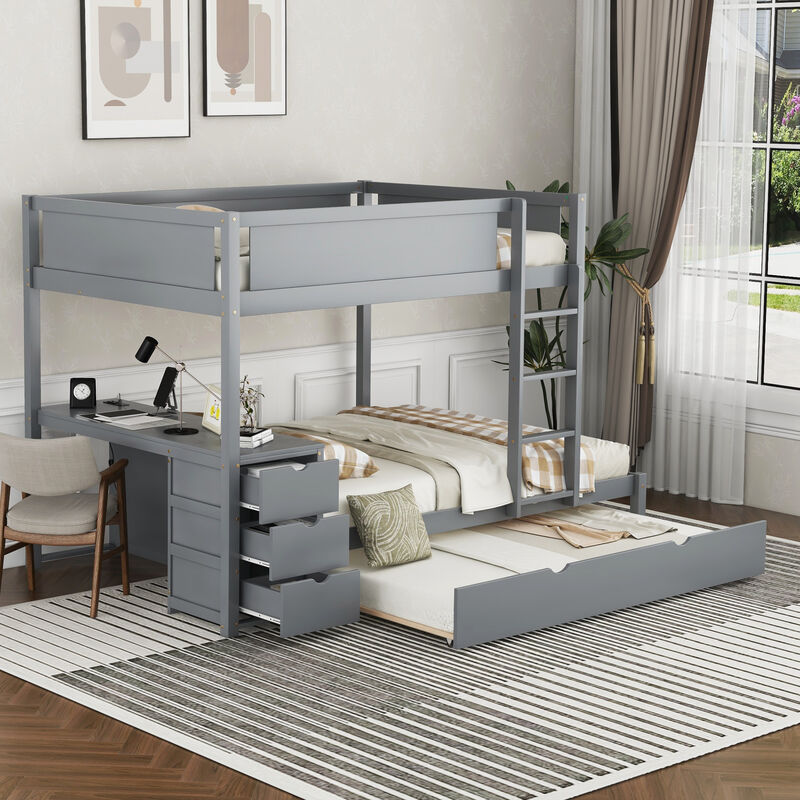 Whisen Full-Over-Full Bunk Bed with Trundle Desk Drawers, Solid Wood for Bedroom Kids image number 3