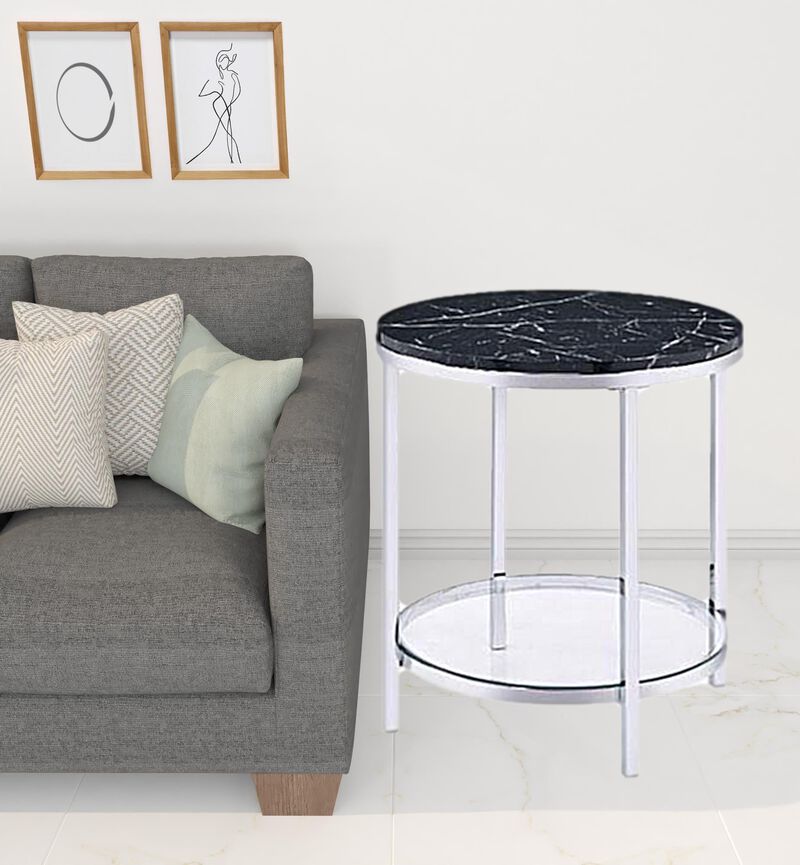 Homezia 25" Chrome And Black Faux Marble And Metal Round End Table With Shelf