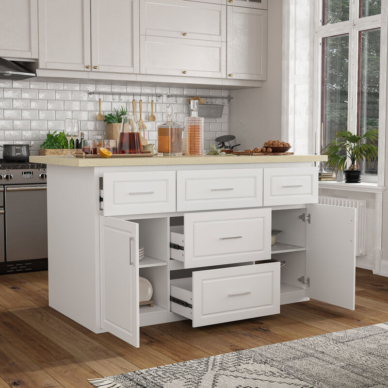 FUFU&GAGA White Paint Finish Kitchen Island with 5 Drawers 2 Doors Adjustable Shelves Silver Handles 66.9''L × 31.4''W × 37''H