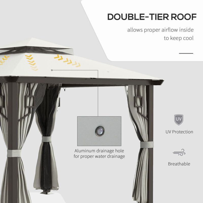 10' x 10' Patio Gazebo Outdoor Canopy Shelter with Aluminum Frame, Double Tier Roof, Netting and Curtains for Garden, Lawn, Cream White