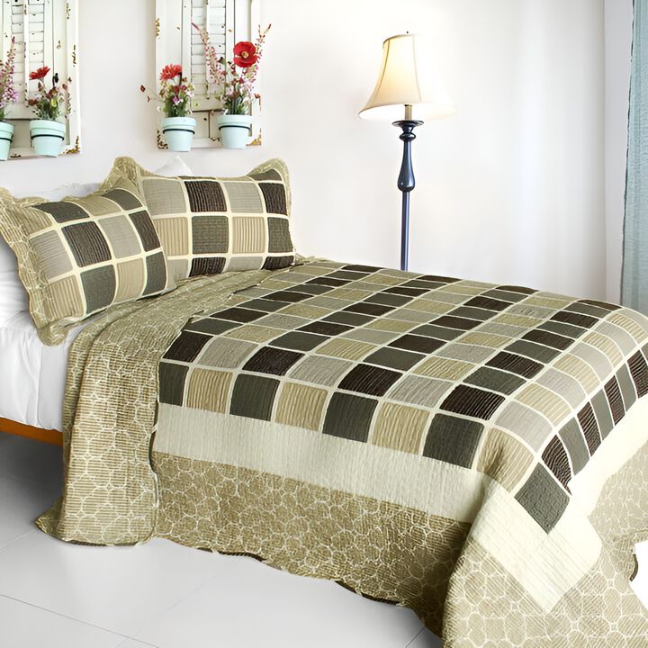 Queen Size 3-Piece Cotton Vermicelli Quilted Printed Quilt Set with Matching Shams