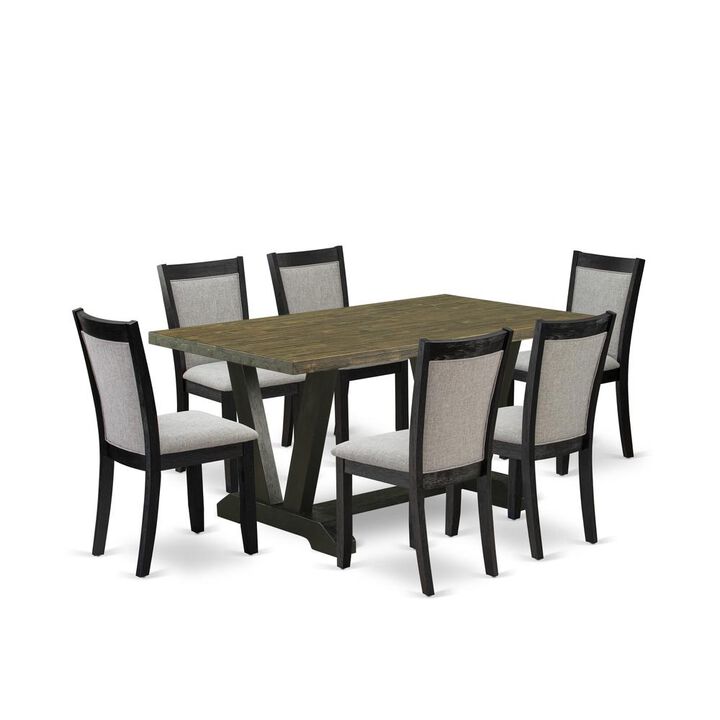 V676MZ606-7 7 Pc Dinette Set - Distressed Jacobean Wood Table with 6 Shitake Kitchen Chairs - Wire Brushed Black Finish